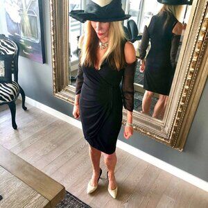 CACHE LBD Cold shoulder collar wrap Midi Dress zipper & gathers Stretch body S